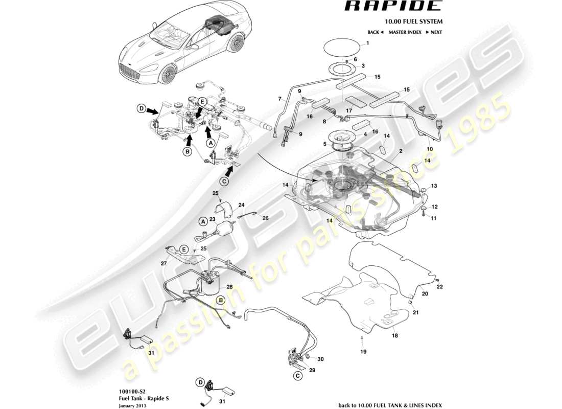aston martin rapide (2012) gruppo serbatoio carburante, diagramma delle parti s