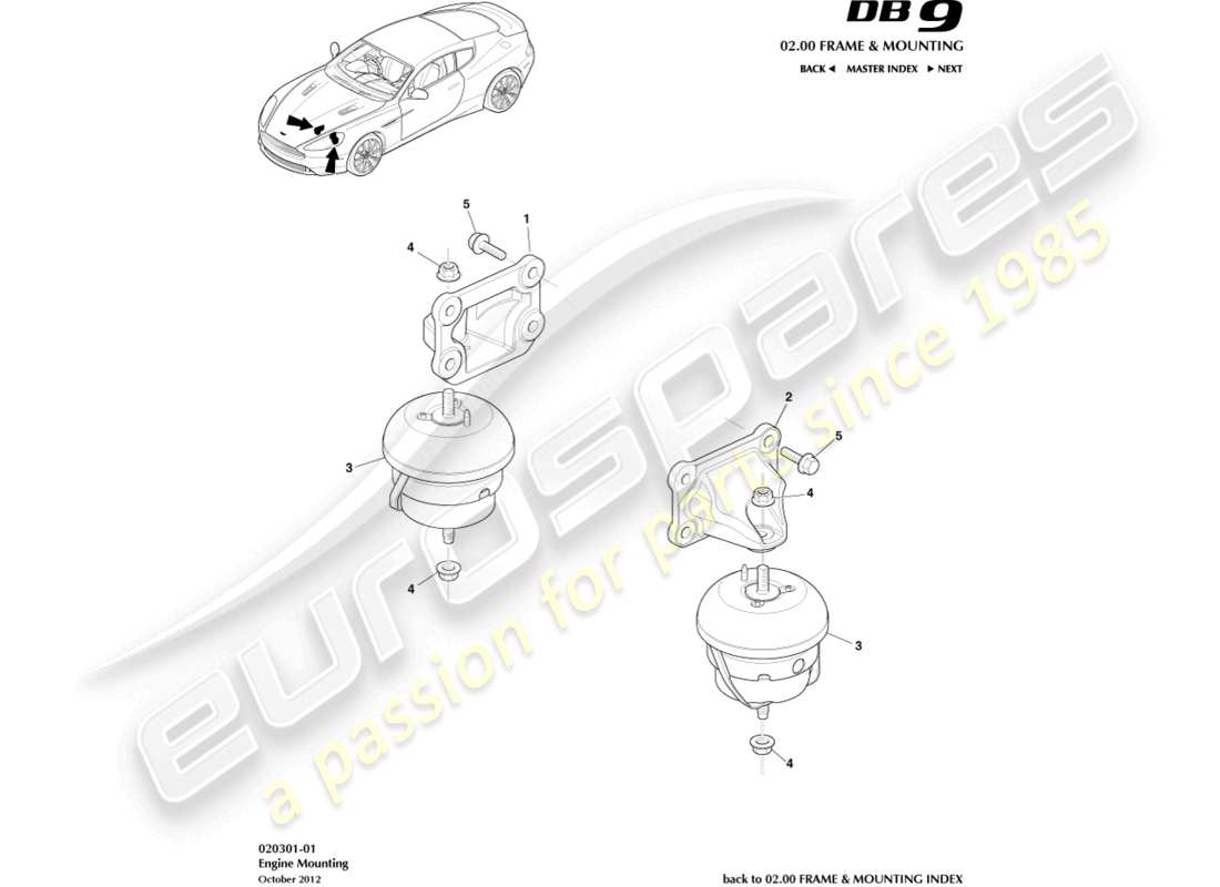 aston martin db9 (2016) diagramma delle parti dei supporti del motore