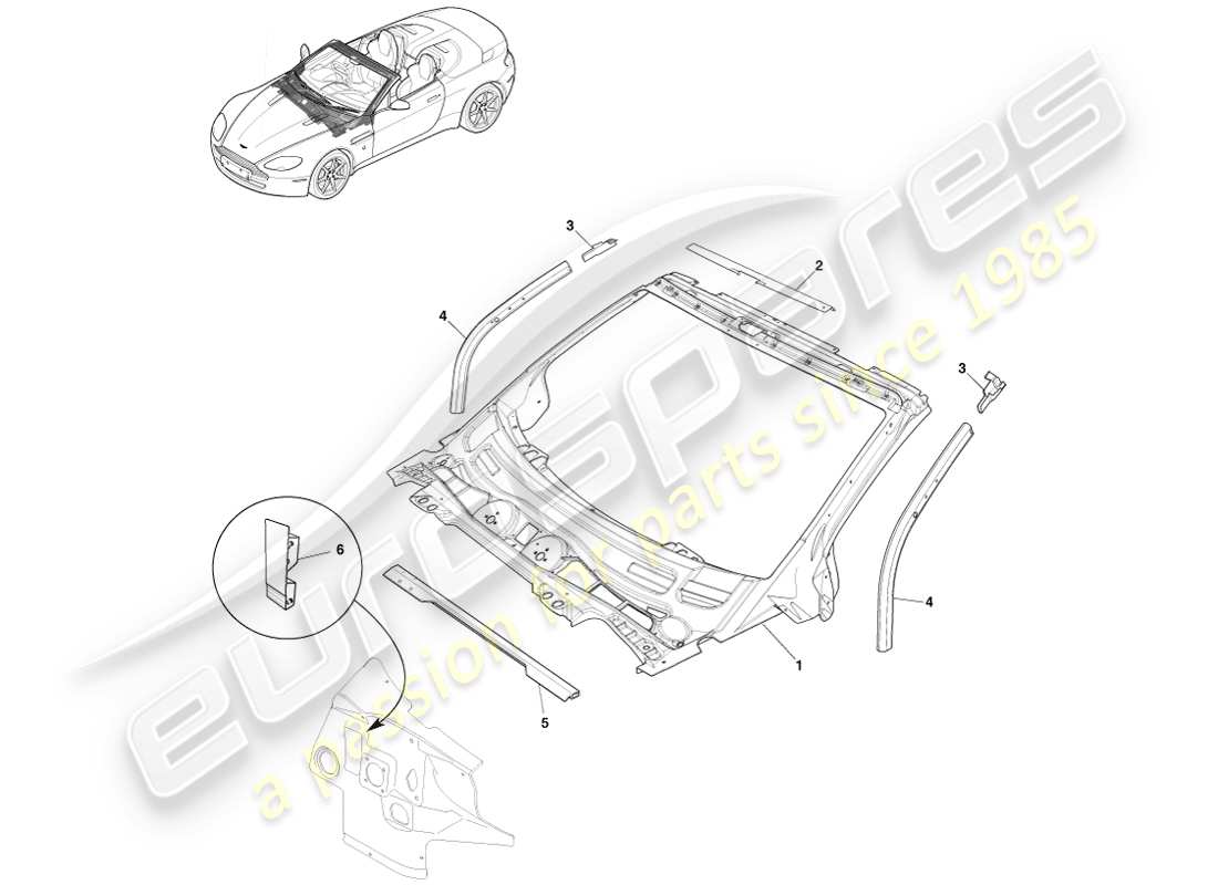 aston martin v8 vantage (2005) cruscotto e cofano, diagramma delle parti della roadster