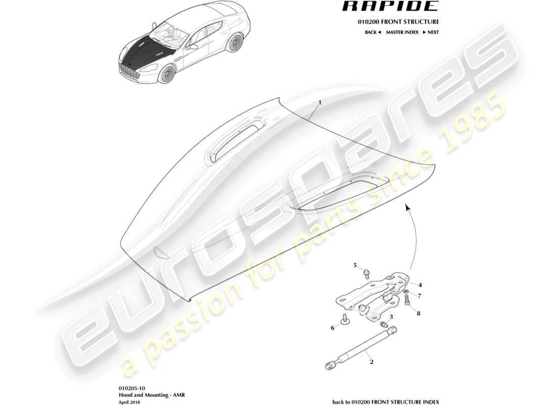 aston martin rapide (2013) motorhaube und scharniere, amr teilediagramm
