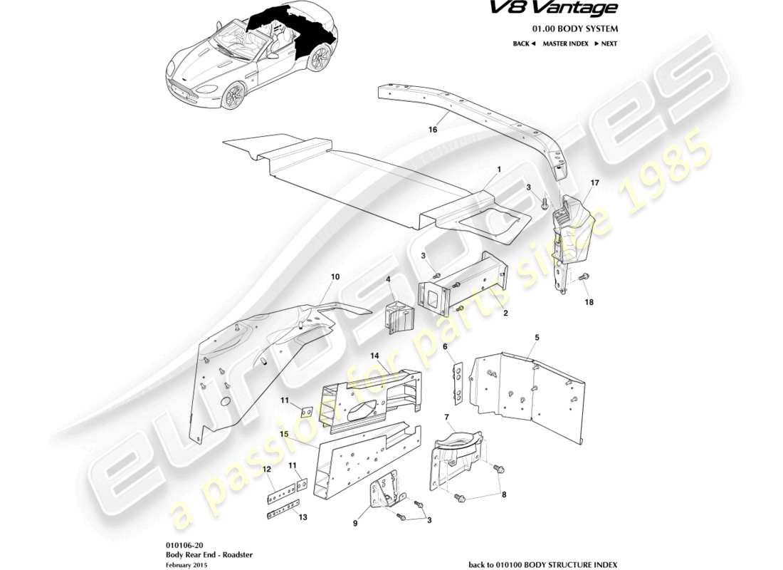 aston martin v8 vantage (2014) parte posteriore della carrozzeria, diagramma delle parti della roadster