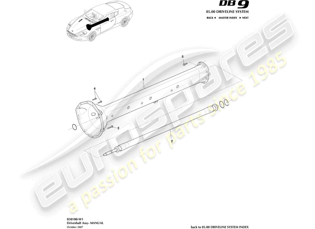 aston martin db9 (2007) gruppo albero di trasmissione, diagramma delle parti manuali
