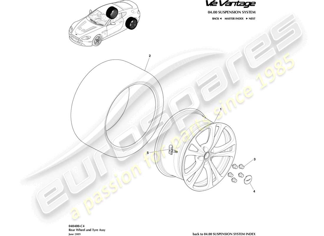 aston martin v12 vantage (2010) diagramma delle parti di ruote e pneumatici posteriori