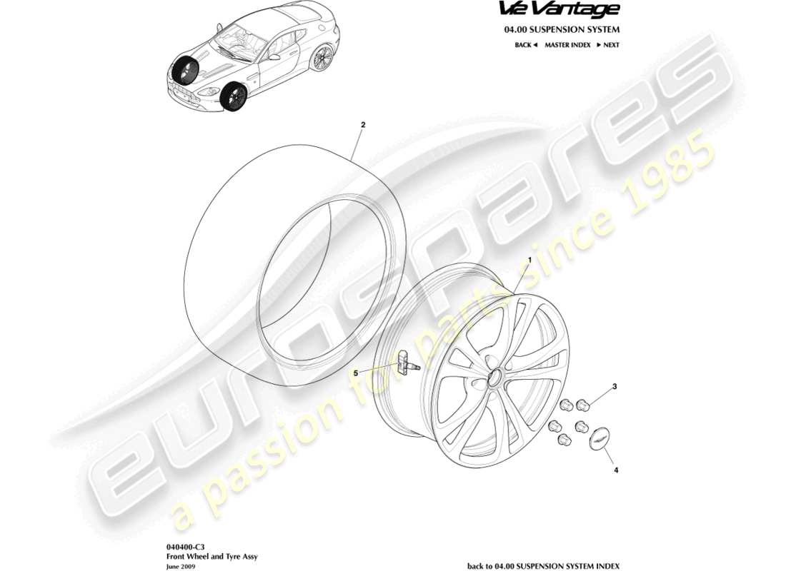 aston martin v12 vantage (2011) diagramma delle parti di ruote e pneumatici anteriori