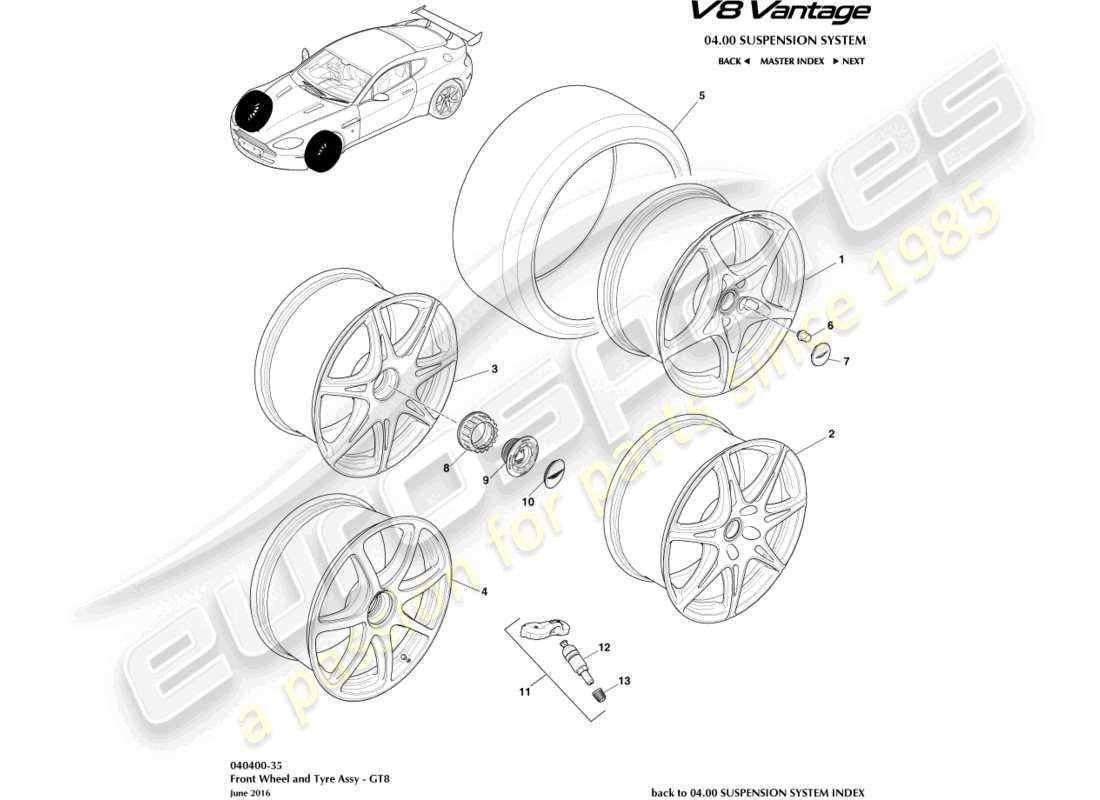 aston martin v8 vantage (2014) ruote e pneumatici anteriori, diagramma delle parti gt8
