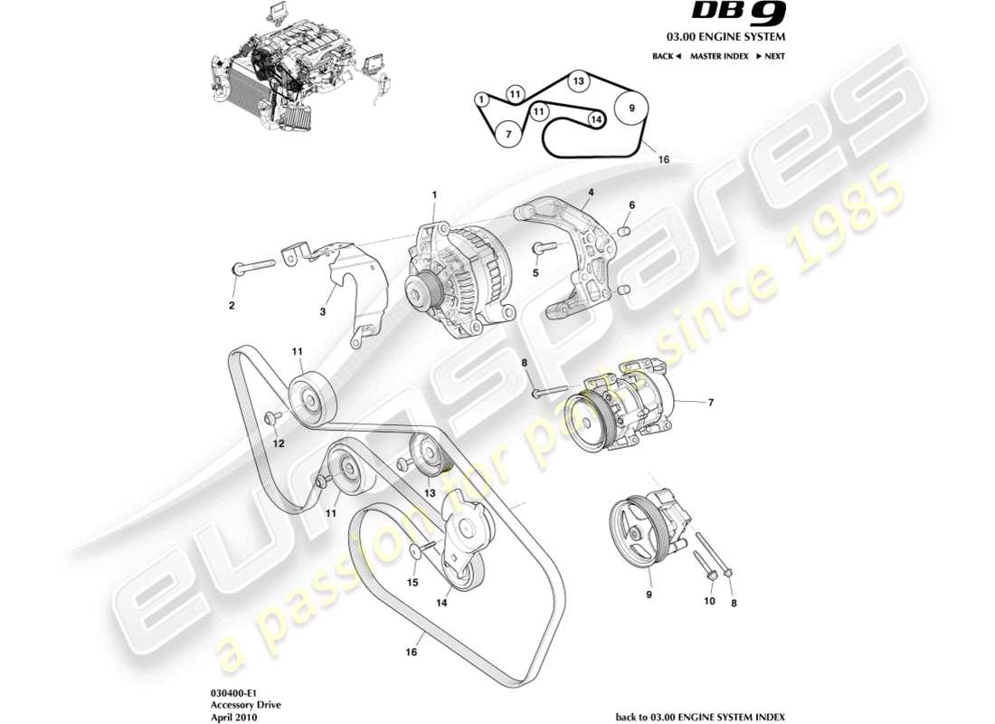 aston martin db9 (2010) diagramma delle parti della trasmissione accessoria