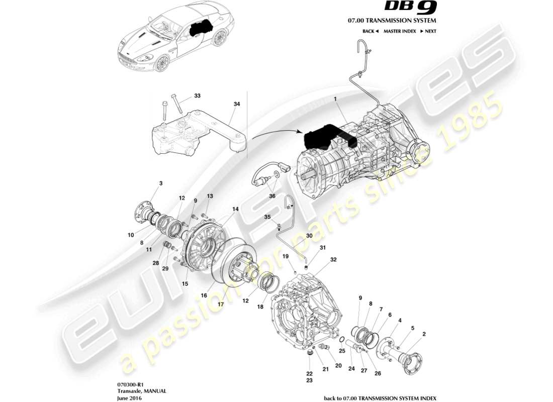 aston martin db9 (2007) cambio, diagramma delle parti manuali