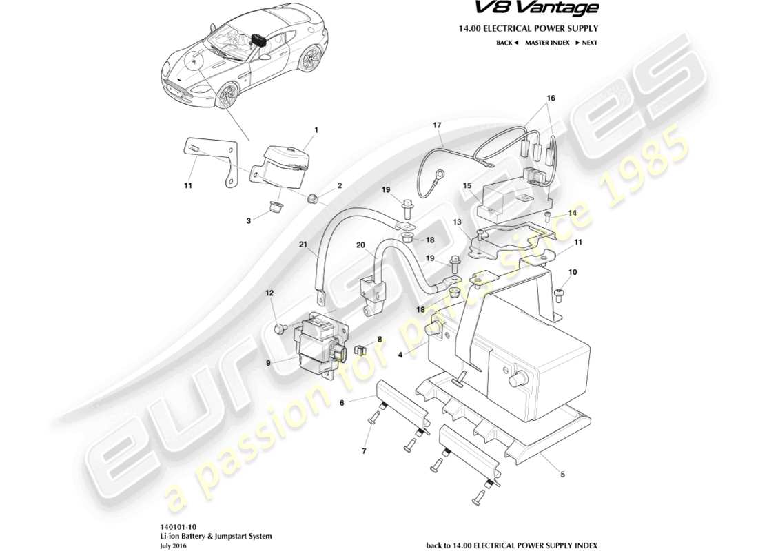 aston martin v8 vantage (2018) batteria, diagramma delle parti agli ioni di litio