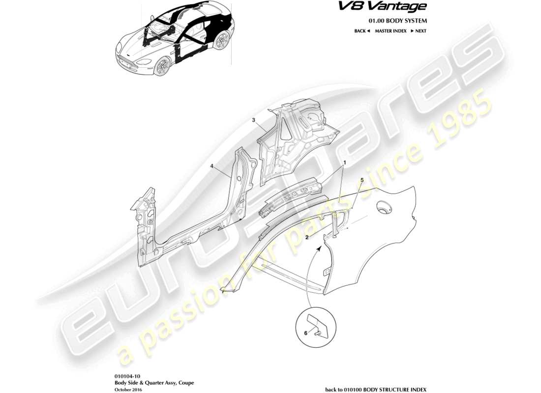 aston martin v8 vantage (2018) lato della carrozzeria del pannello, diagramma della parte coupé