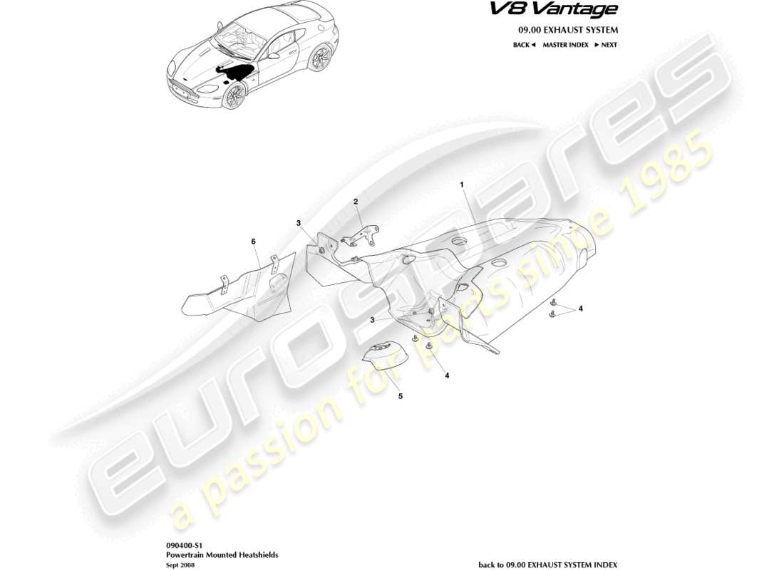 aston martin v8 vantage (2018) diagramma delle parti del sottosistema dello scudo termico