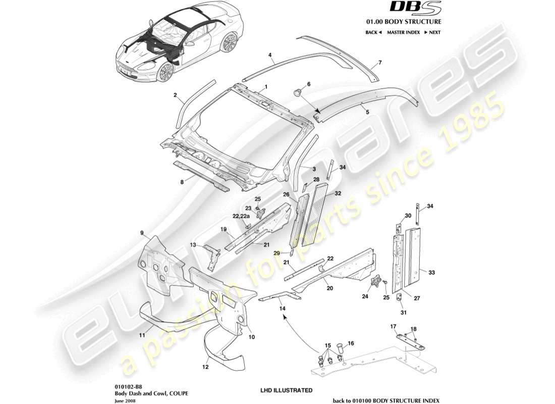 aston martin dbs (2010) karosserie-armaturenbrett und motorhaube, coupé teilediagramm