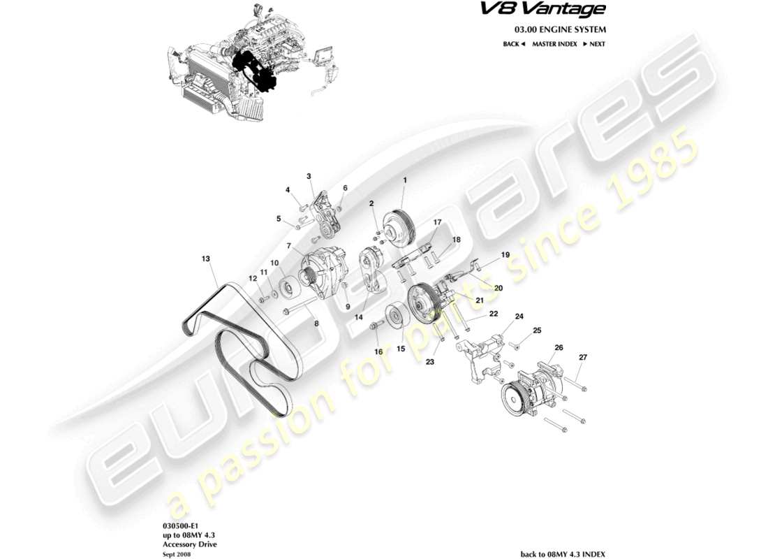aston martin v8 vantage (2012) diagramma delle parti della trasmissione accessoria