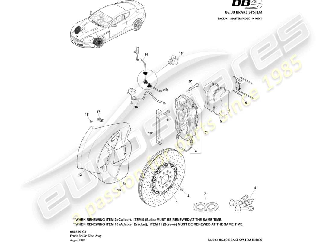 aston martin dbs (2013) sistema frenante anteriore diagramma delle parti