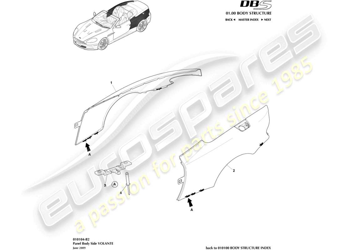 aston martin dbs (2010) panel karosserieseite, volante teilediagramm