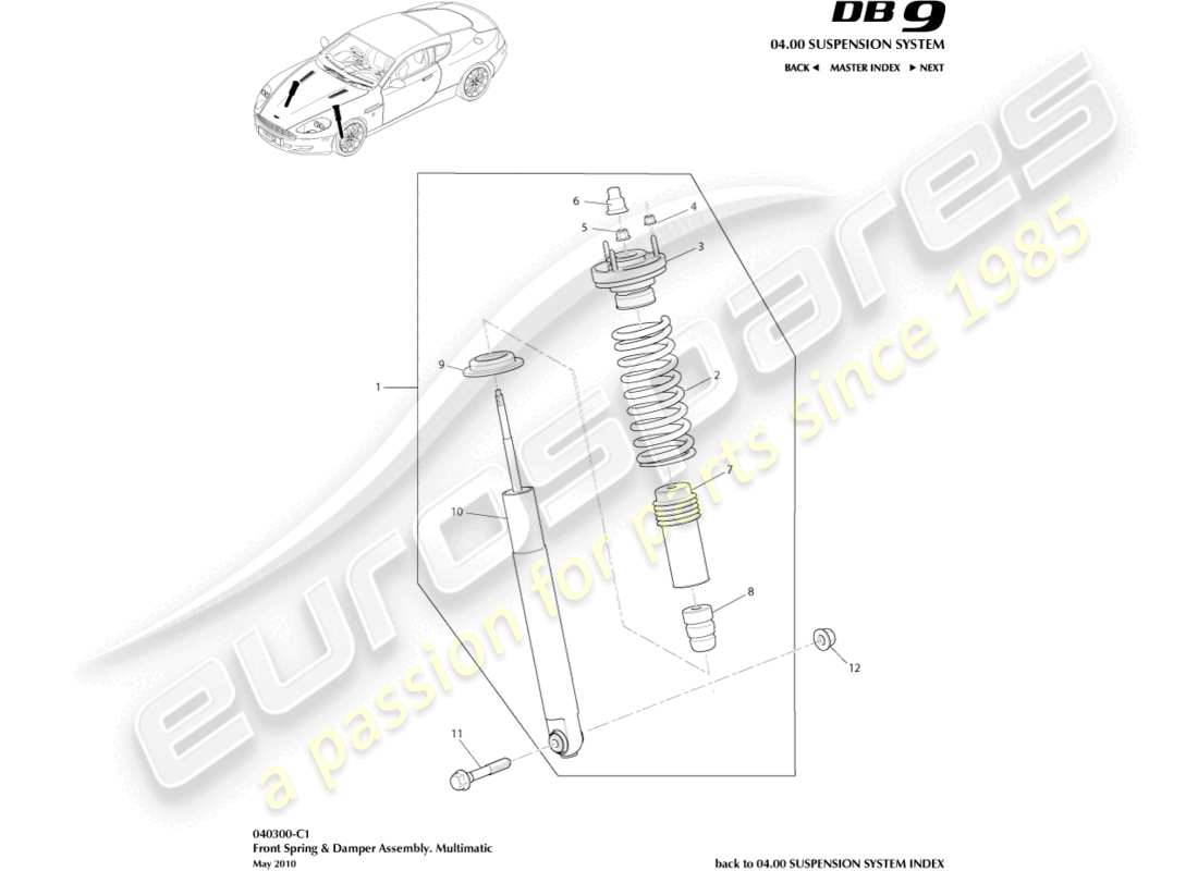 aston martin db9 (2011) vordere feder und dämpfer, bis 09my teilediagramm