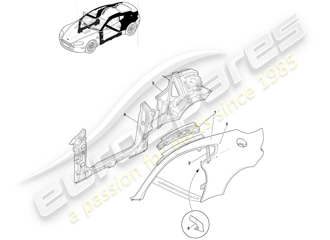 aston martin v8 vantage (2005) lato della carrozzeria del pannello, diagramma della parte coupé