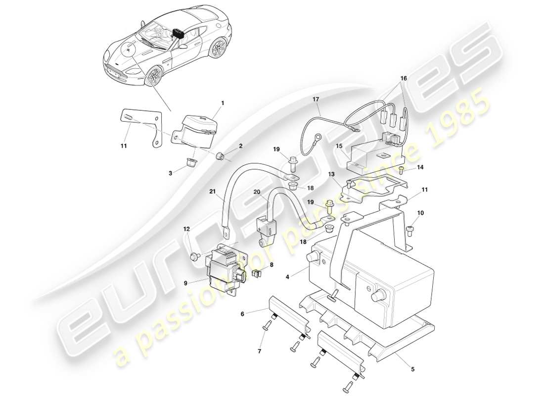 aston martin v8 vantage (2005) batteria, diagramma delle parti agli ioni di litio