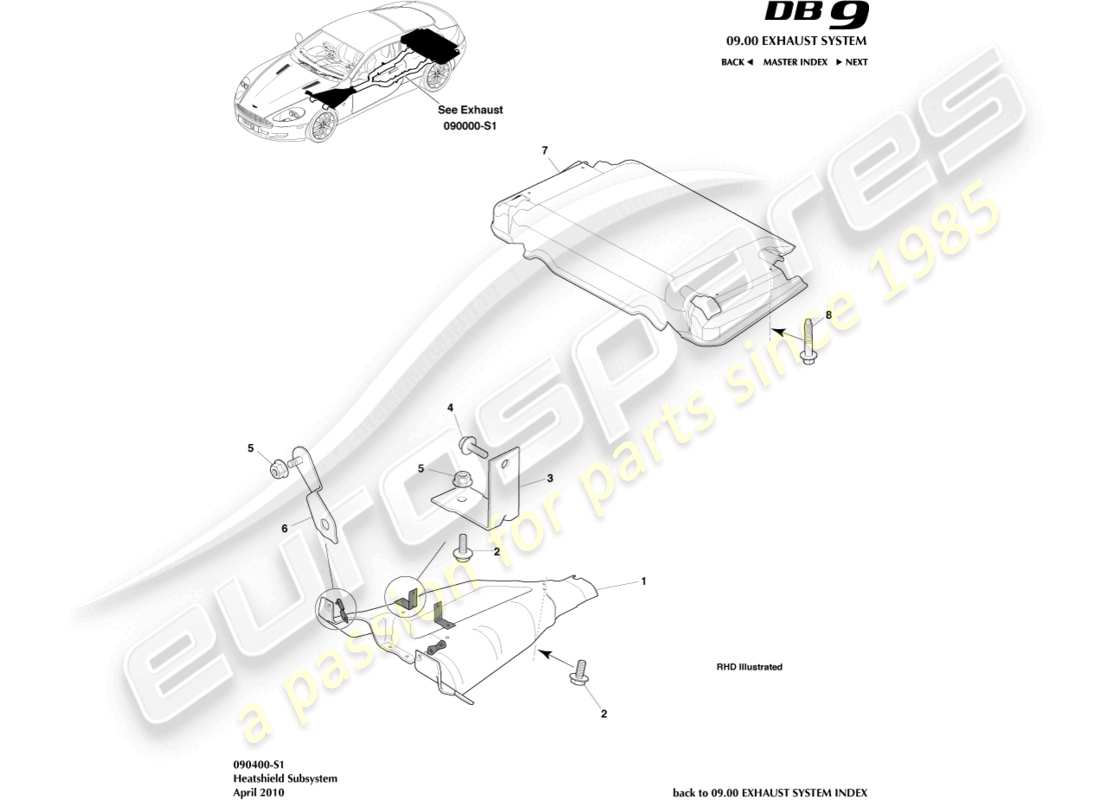 aston martin db9 (2007) diagramma delle parti del sottosistema dello scudo termico