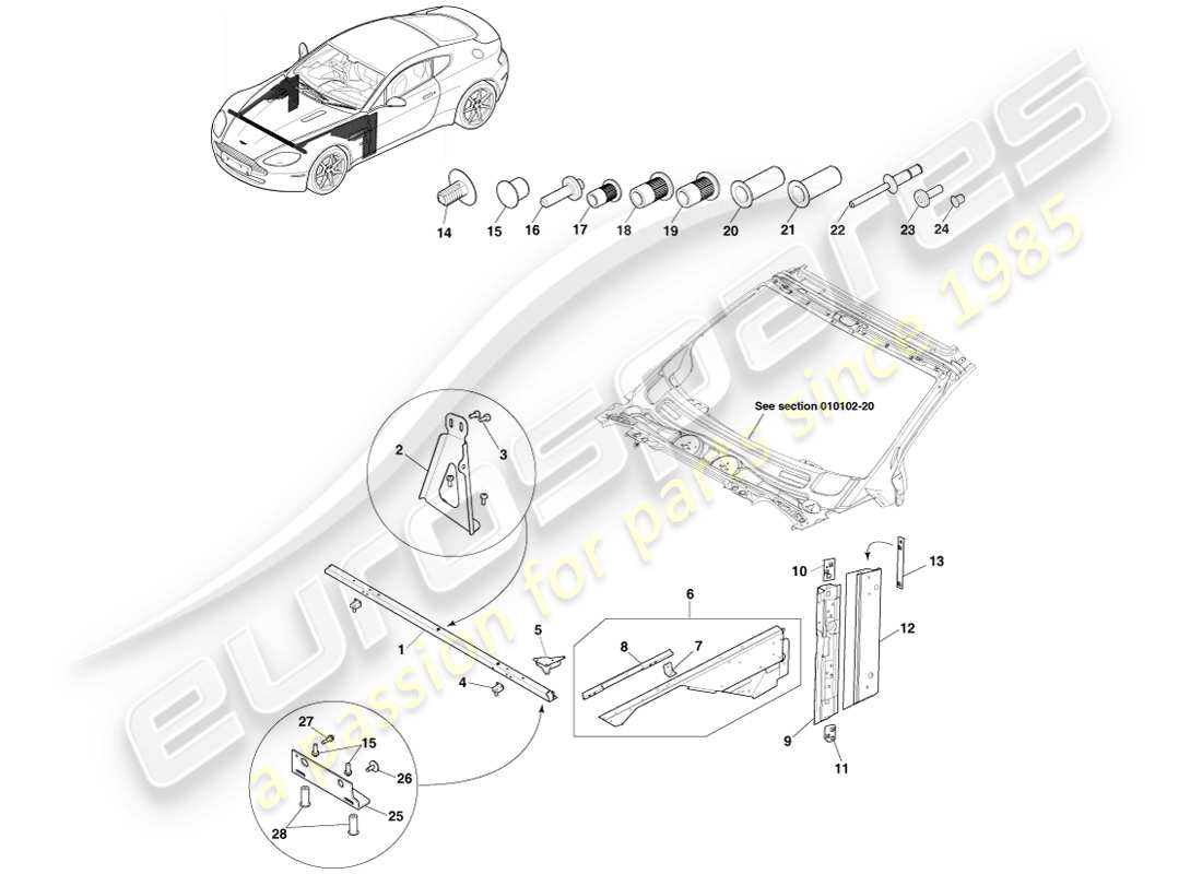 aston martin v8 vantage (2005) un diagramma delle parti dei montanti e dei parafanghi