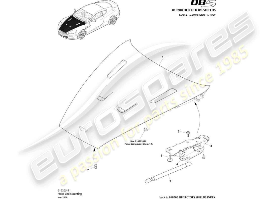 aston martin dbs (2010) motorhaube und montage teilediagramm