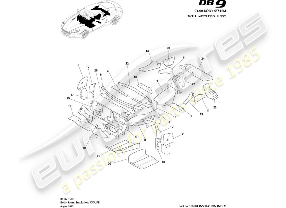 aston martin db9 (2011) karosserieisolierung, coupé teilediagramm