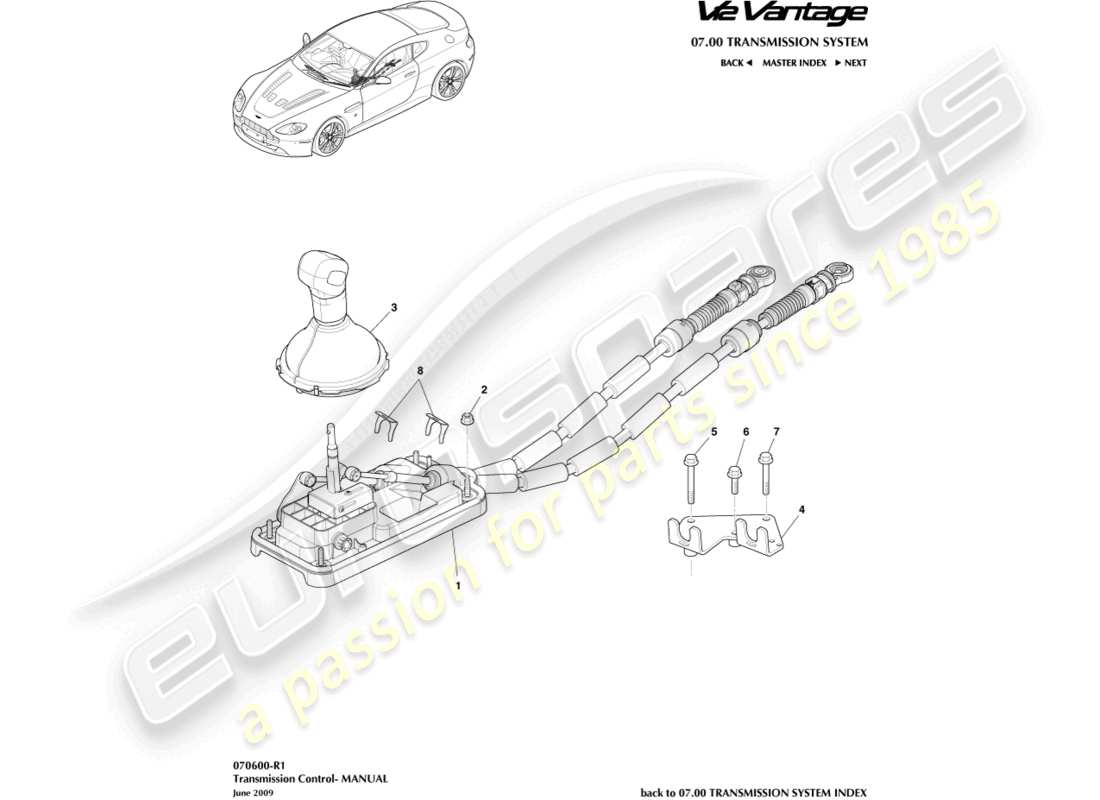 aston martin v12 vantage (2010) gruppo leva del cambio, diagramma delle parti del manuale