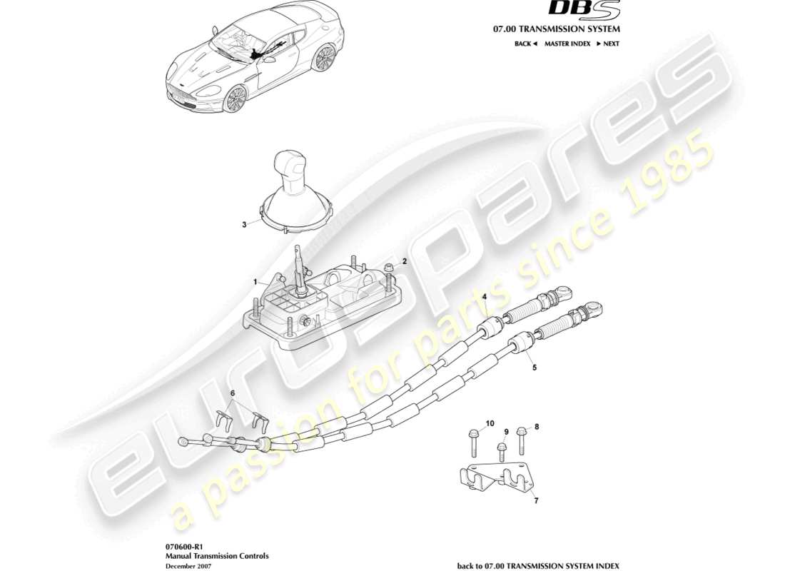 aston martin dbs (2013) gruppo leva del cambio, diagramma delle parti del manuale