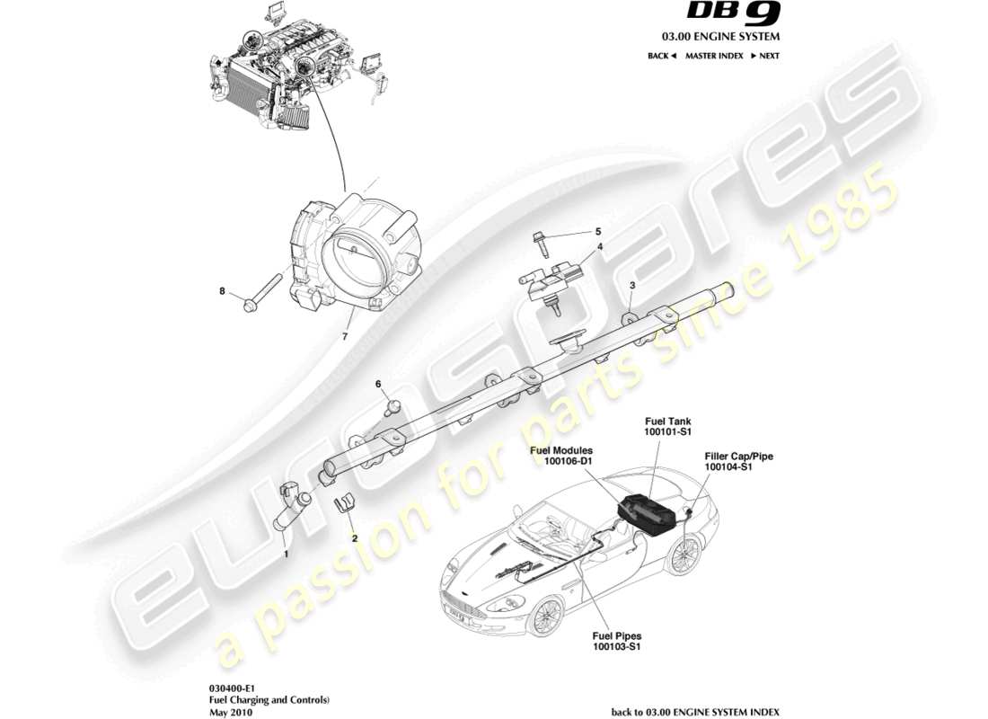 aston martin db9 (2010) diagramma delle parti di ricarica e controllo del carburante