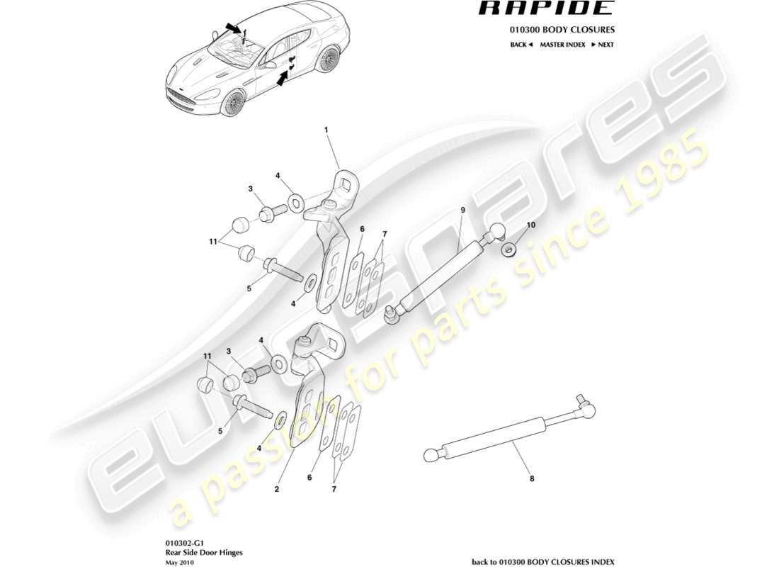 aston martin rapide (2014) teilediagramm für die scharnierbaugruppe der hinteren tür