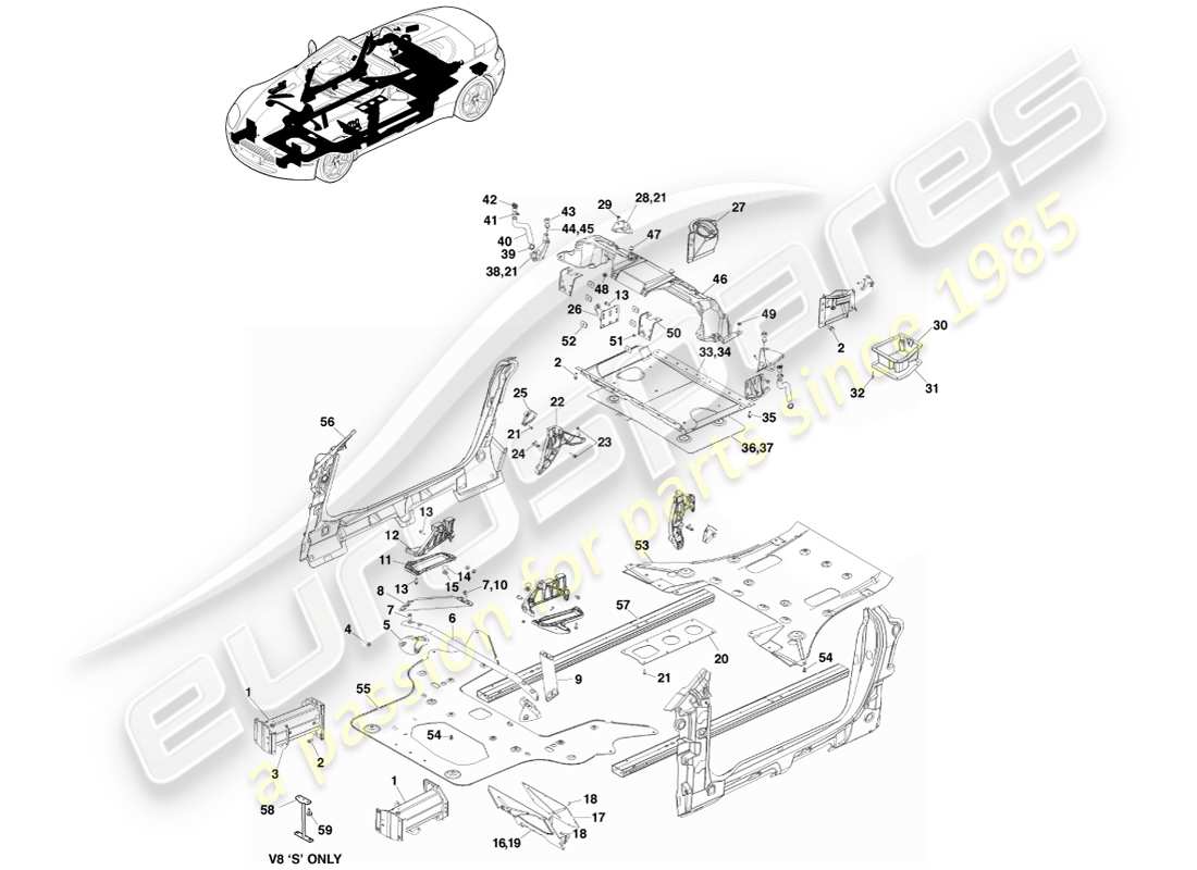 aston martin v8 vantage (2007) componenti della carrozzeria, diagramma delle parti della roadster