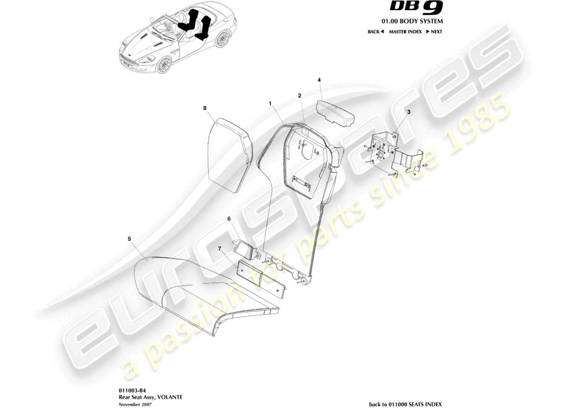 aston martin db9 (2010) sedile posteriore, schema delle parti del volante