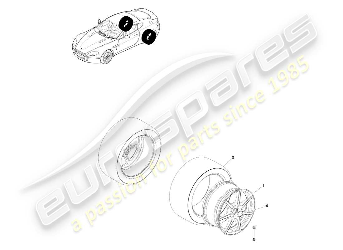aston martin v8 vantage (2005) ruote posteriori e pneumatici, al diagramma delle parti 09my