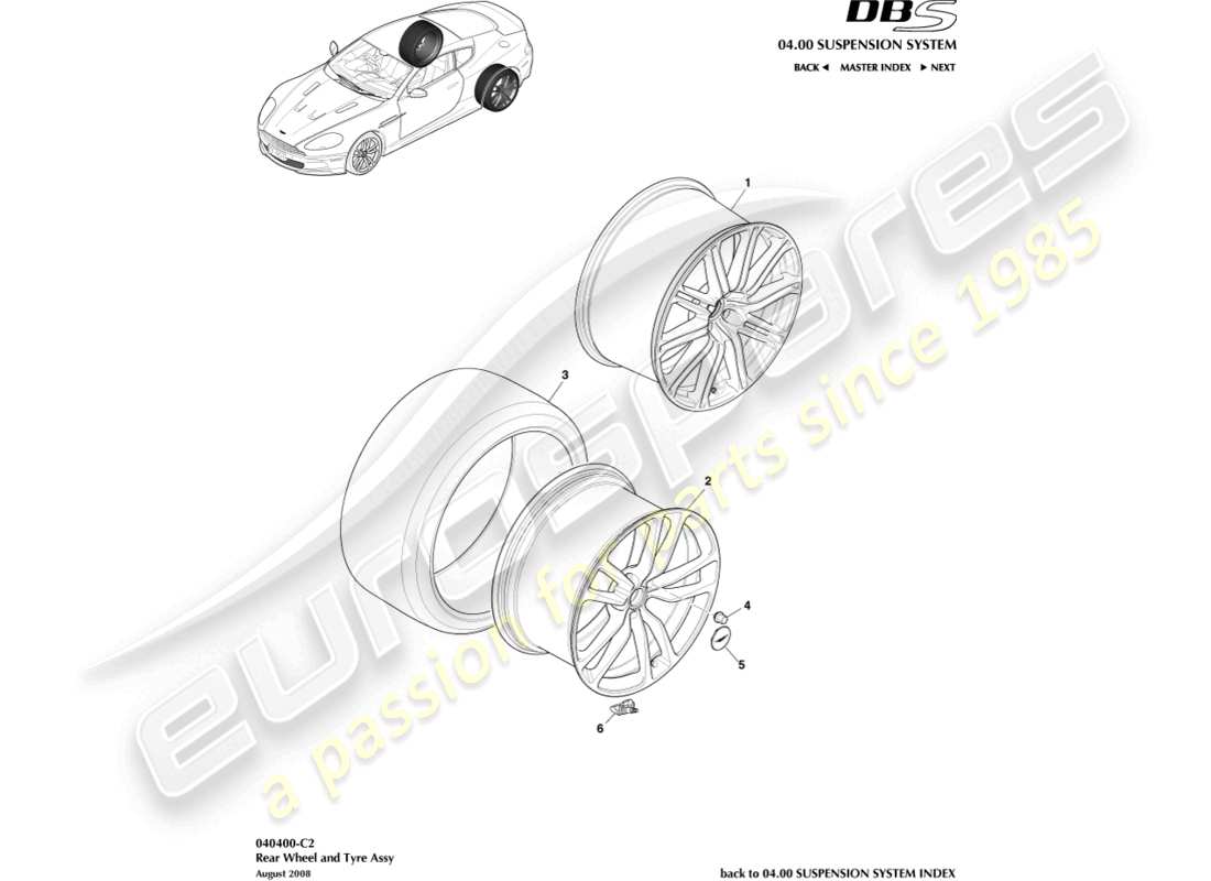 aston martin dbs (2007) ruote posteriori e pneumatici diagramma delle parti