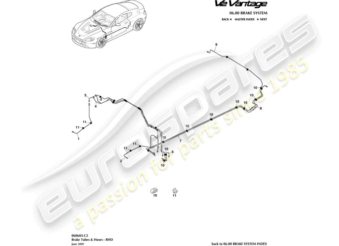 aston martin v12 vantage (2013) diagramma delle parti di tubazioni e tubi flessibili dei freni, guida a destra