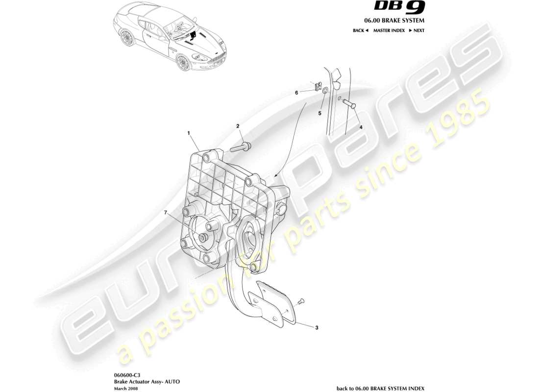 aston martin db9 (2007) gruppo attuatore del freno, diagramma dei ricambi auto