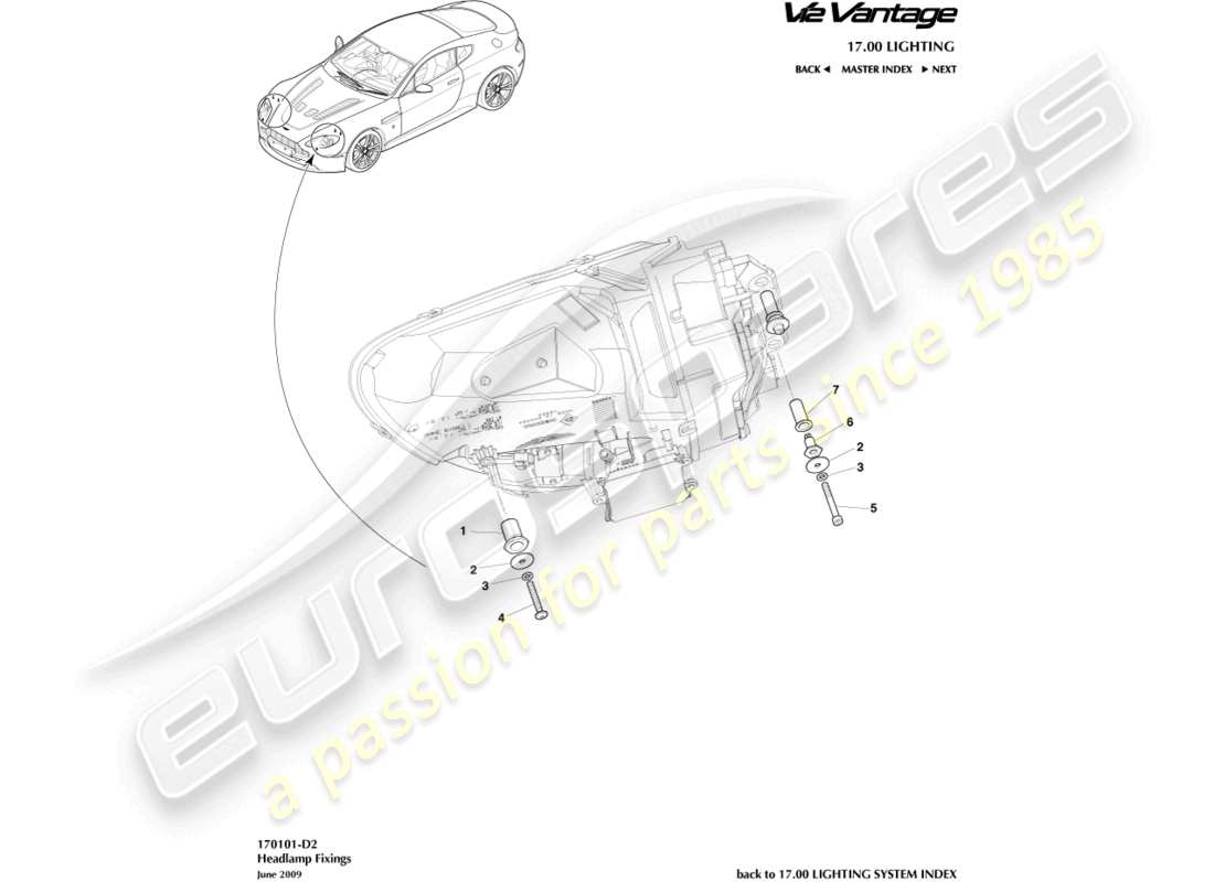 aston martin v12 vantage (2010) diagramma delle parti di fissaggio del faro