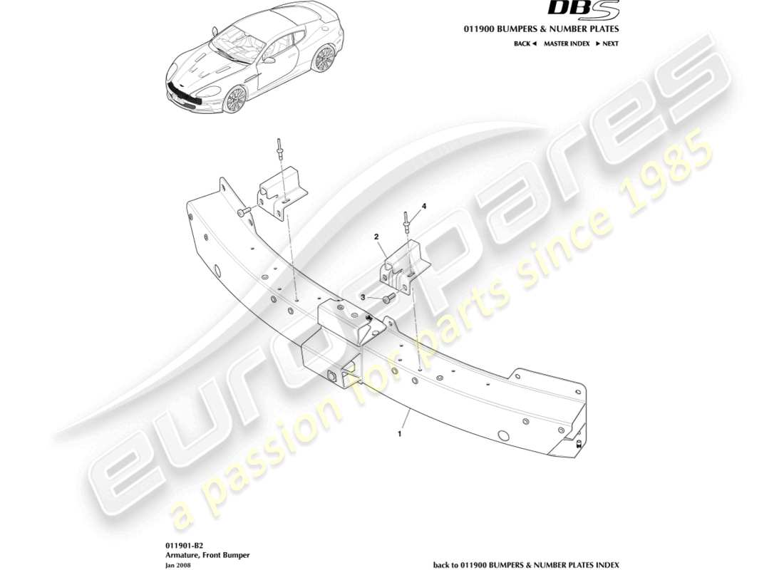 aston martin dbs (2009) armatura del paraurti anteriore diagramma delle parti