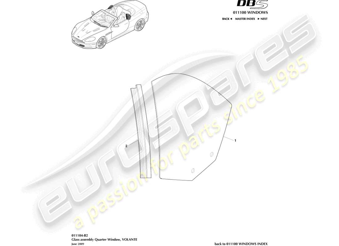 aston martin dbs (2010) hintere seitenscheibe, volante teilediagramm