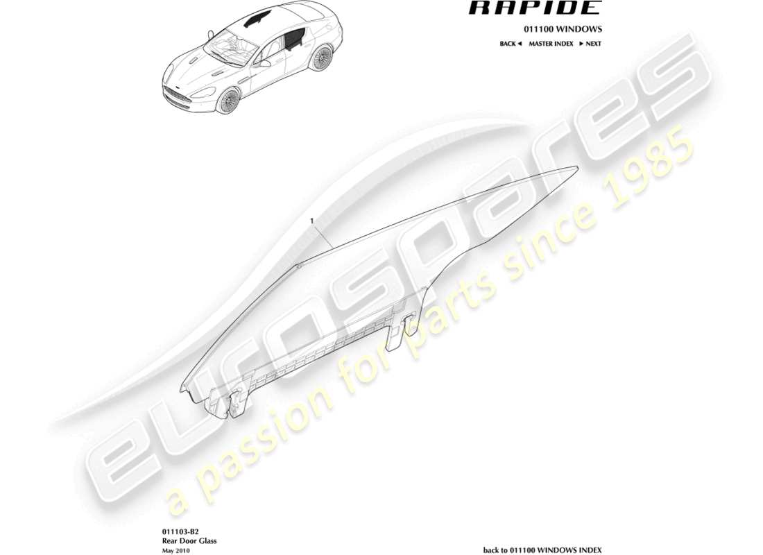 aston martin rapide (2016) vetro della porta posteriore diagramma delle parti