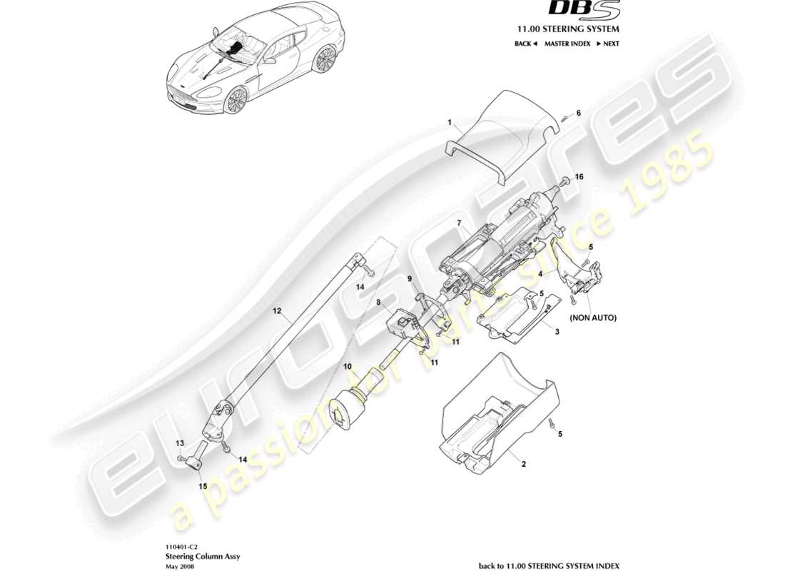aston martin dbs (2010) montaggio piantone sterzo diagramma delle parti