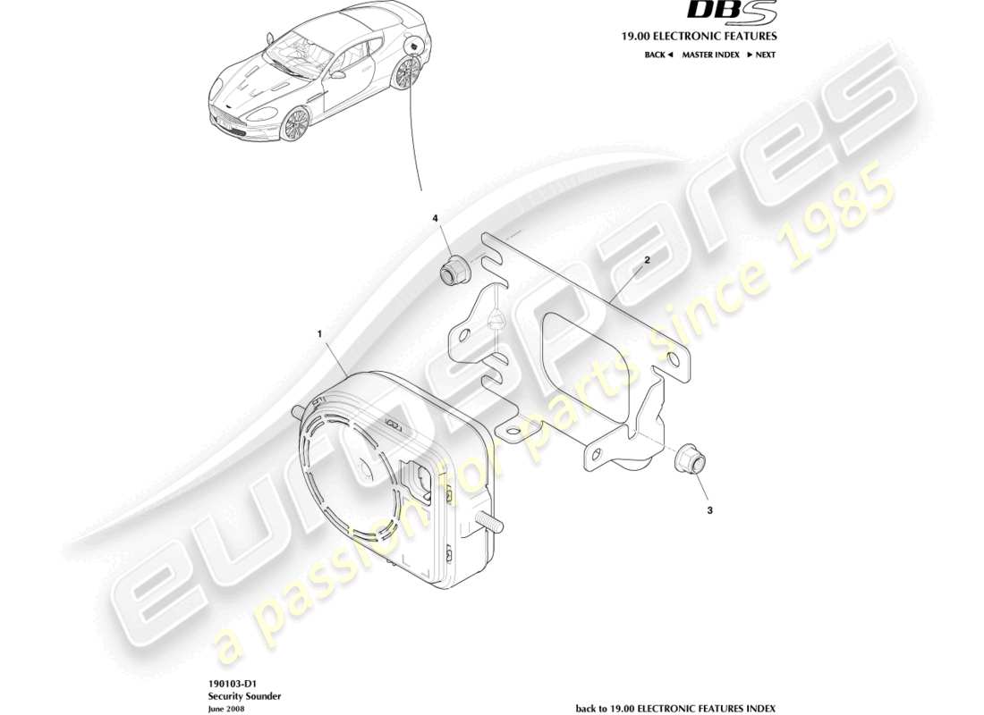 aston martin dbs (2013) diagramma delle parti della sirena di sicurezza