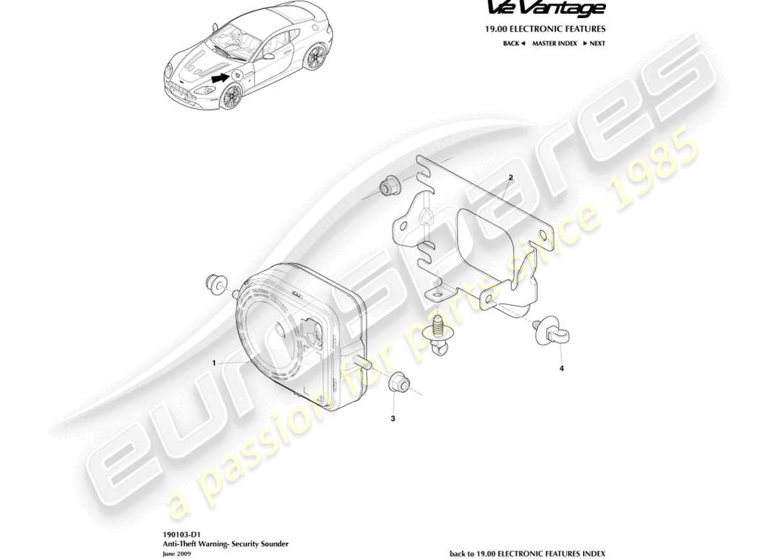 aston martin v12 vantage (2011) diagramma delle parti della sirena di sicurezza