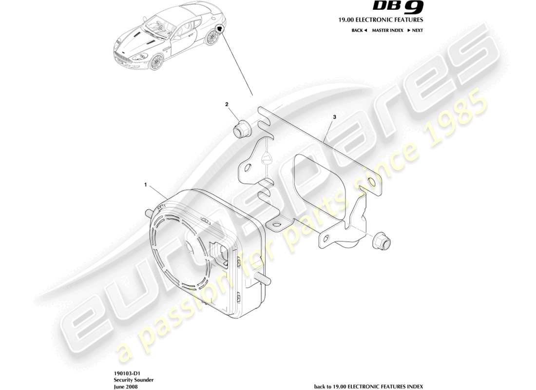 aston martin db9 (2007) diagramma delle parti della sirena di sicurezza