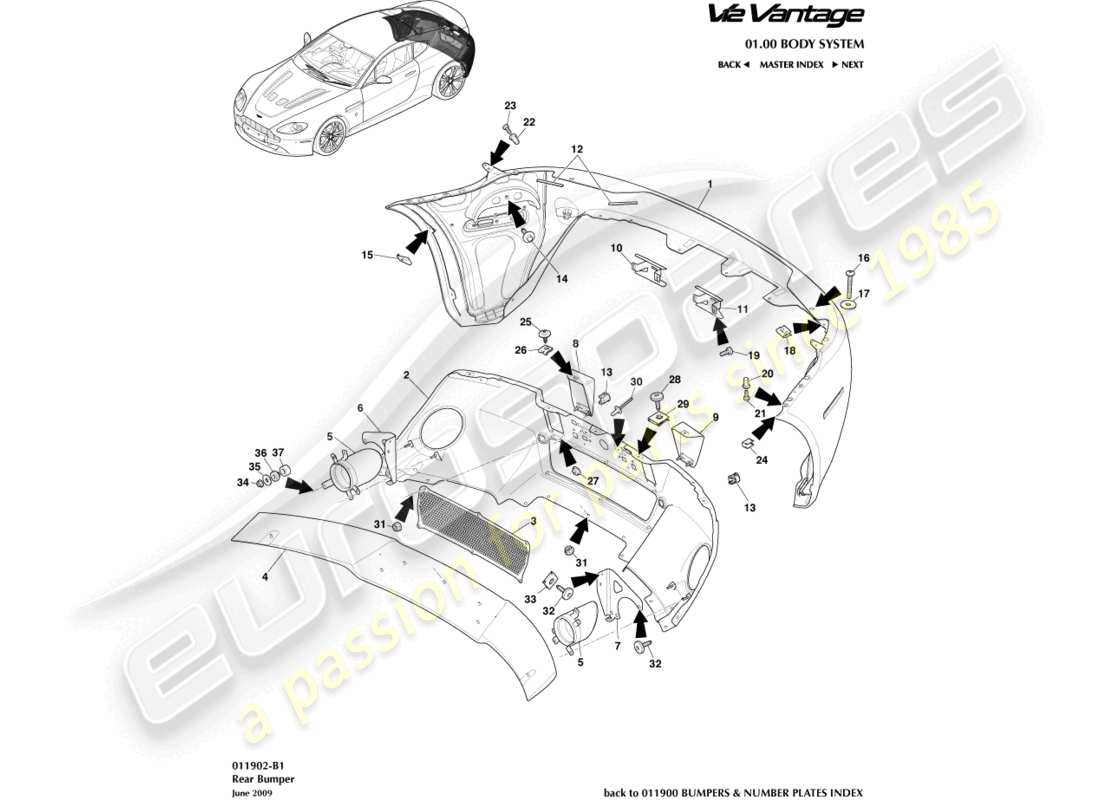 aston martin v12 vantage (2010) schema delle parti paraurti posteriore