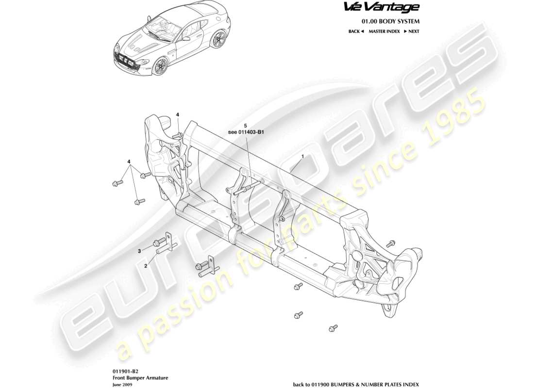 aston martin v12 vantage (2010) diagramma delle parti dell'armatura del paraurti anteriore