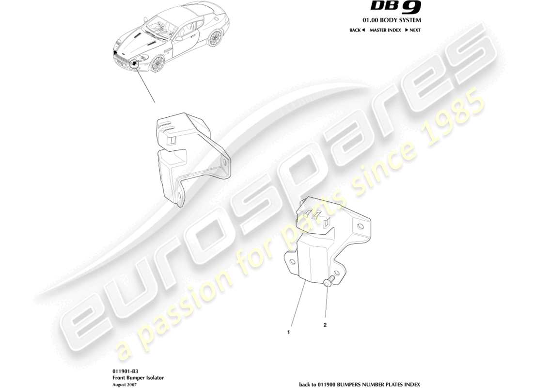 aston martin db9 (2007) diagramma delle parti dell'isolatore del paraurti anteriore