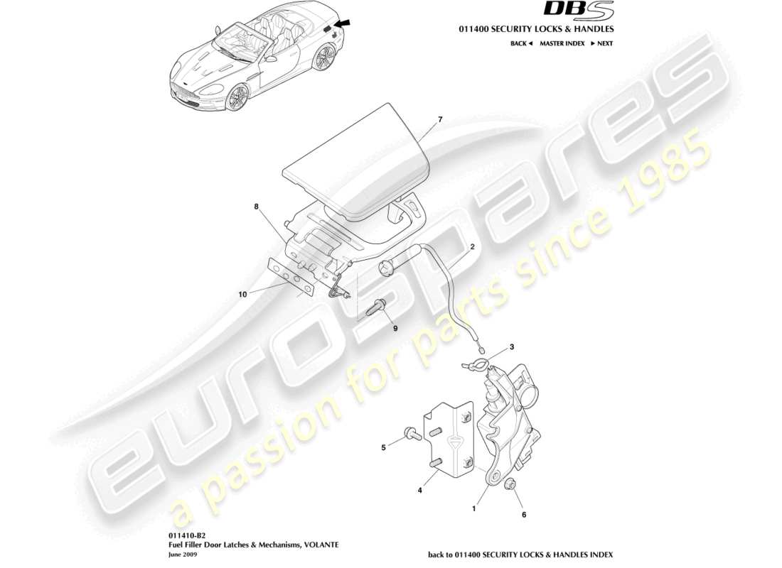 aston martin dbs (2009) meccanismo di rifornimento carburante, volante diagramma delle parti