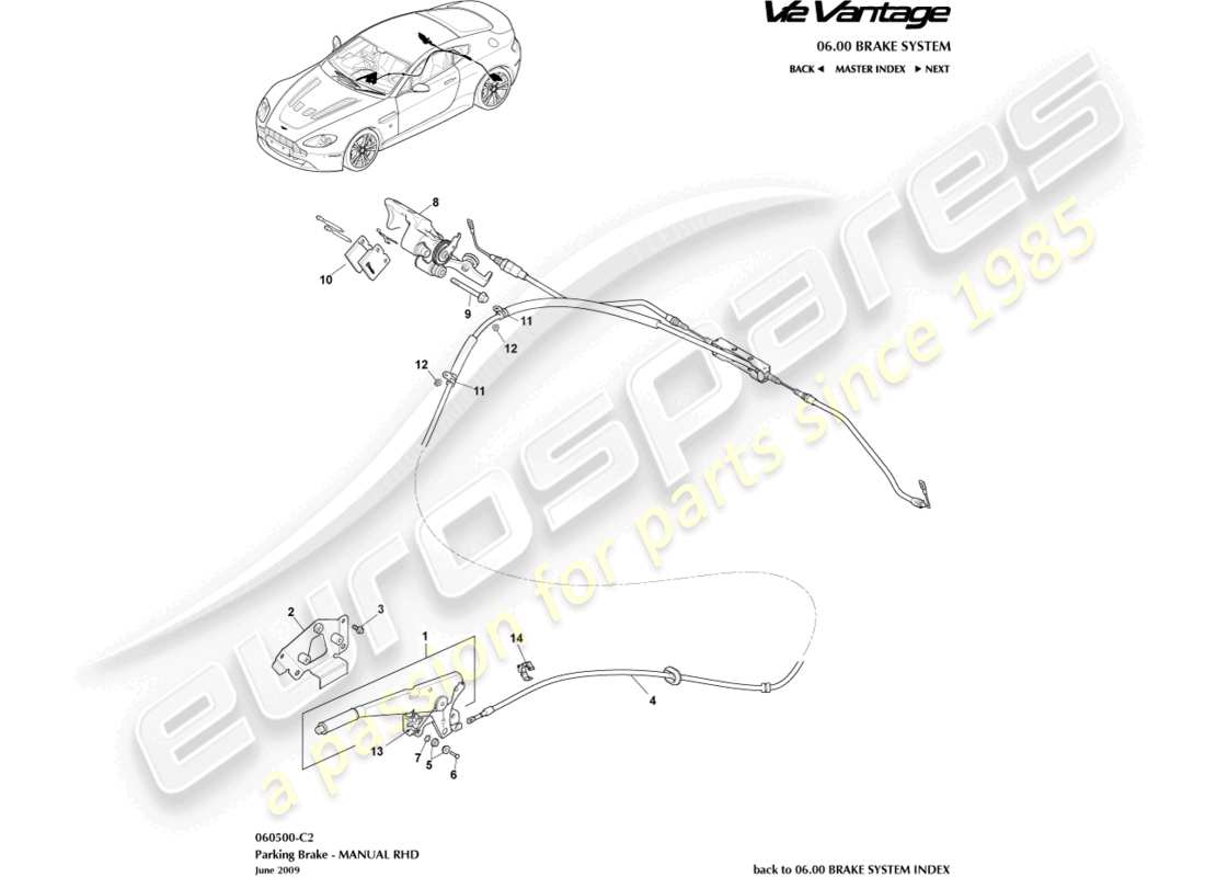 aston martin v12 vantage (2011) freno di stazionamento, schema delle parti con guida a destra