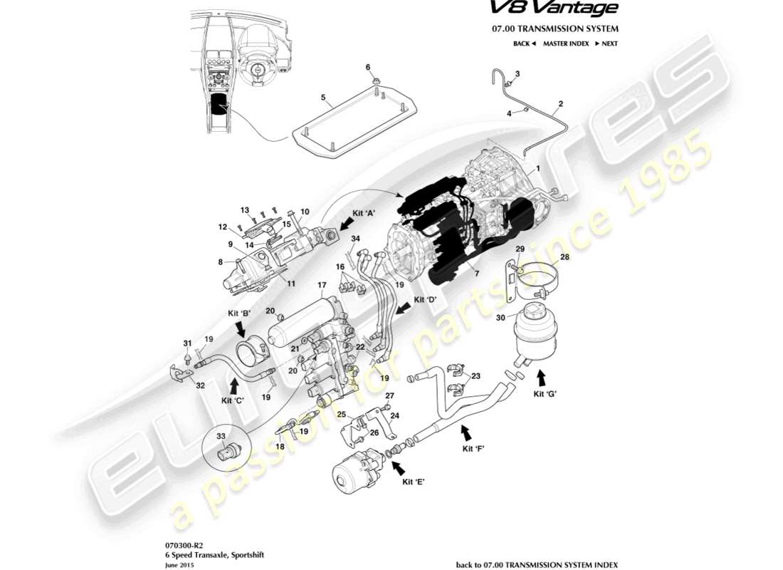 aston martin v8 vantage (2012) sportshift, diagramma delle parti a 6 velocità