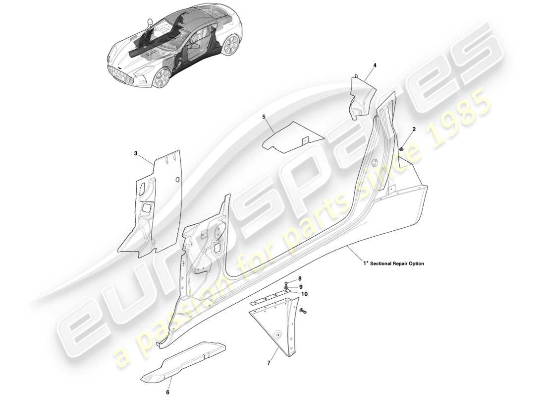 aston martin one-77 (2011) apertura della porta diagramma delle parti